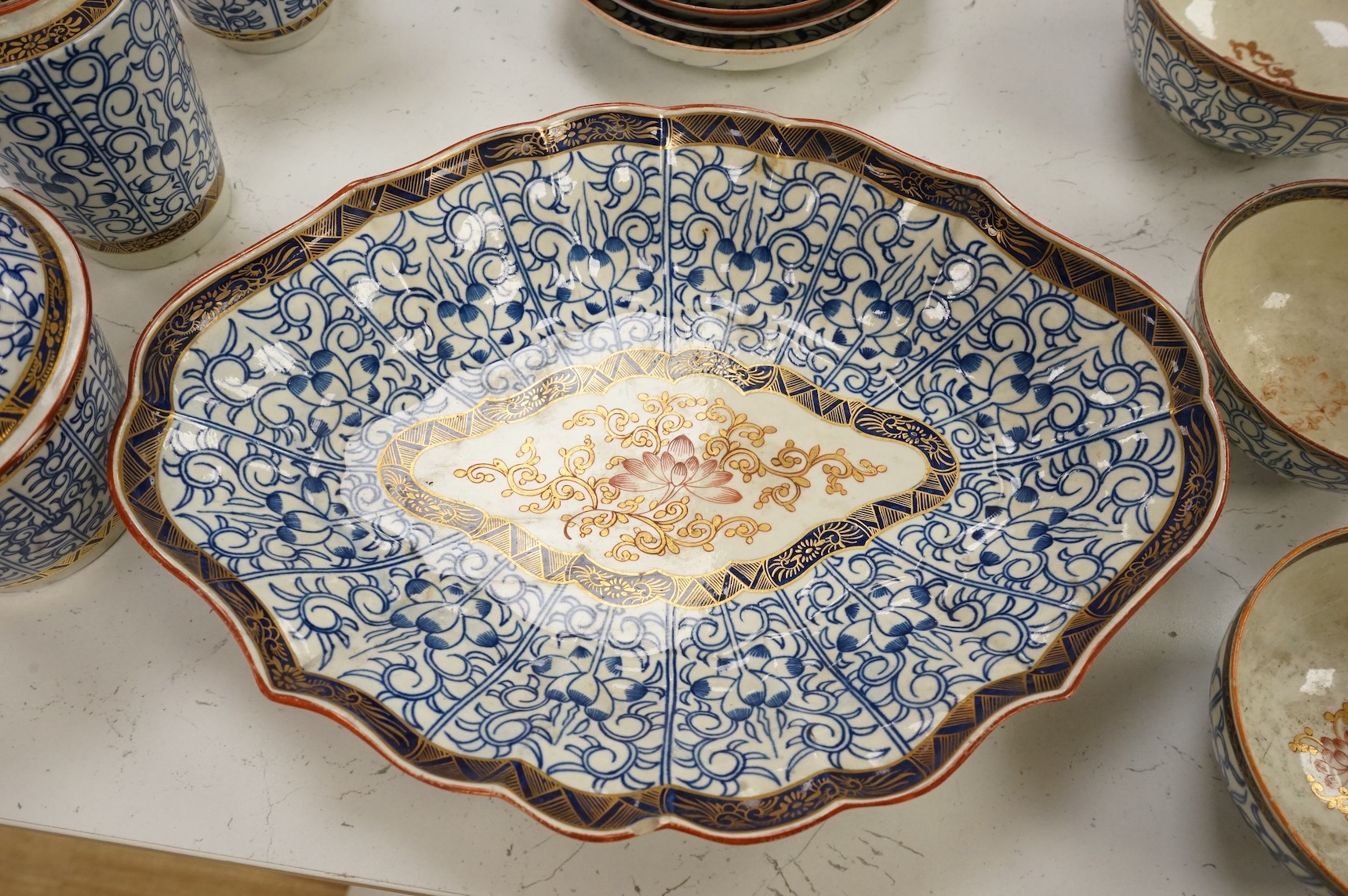 A collection of Worcester Royal Lily pattern tea, coffee and dessert wares and two similar dishes, late 18th/early 19th century